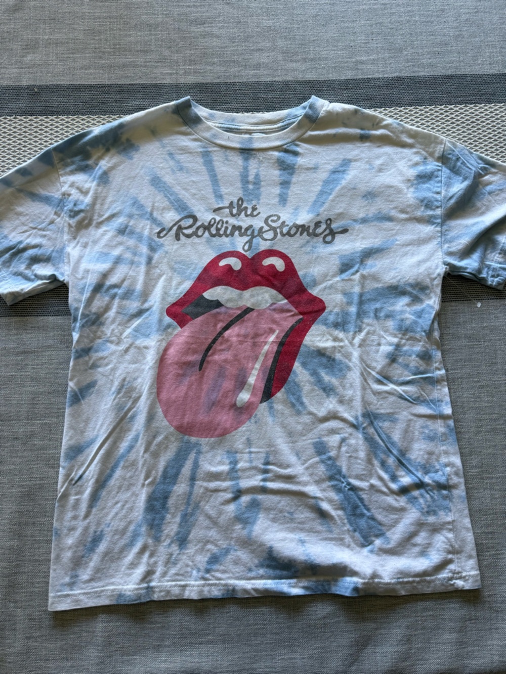 the Rolling Stones Blue Tie-Dye Kids Tee with Red Tongue Graphic
